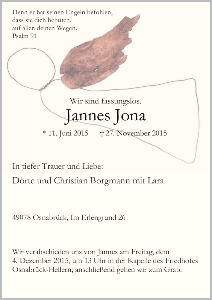  Traueranzeige für Jannes Jona vom 01.12.2015 aus Neue Osnabrücker Zeitung GmbH & Co. KG