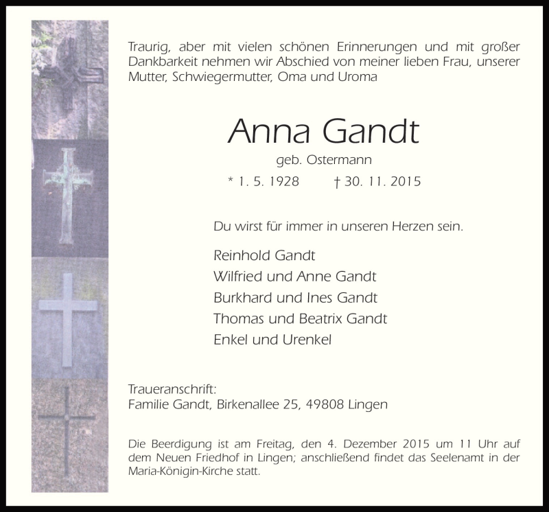  Traueranzeige für Anna Gandt vom 02.12.2015 aus Neue Osnabrücker Zeitung GmbH & Co. KG