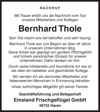 Traueranzeige von Bernhard Thole von Neue Osnabrücker Zeitung GmbH & Co. KG