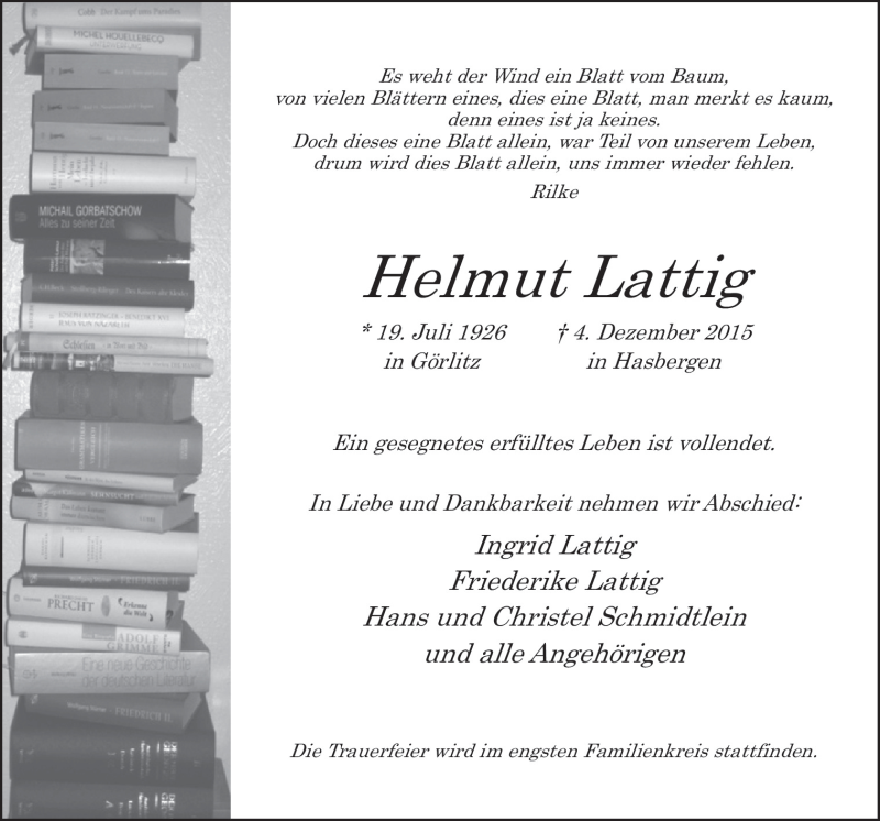  Traueranzeige für Helmut Lattig vom 12.12.2015 aus Neue Osnabrücker Zeitung GmbH & Co. KG