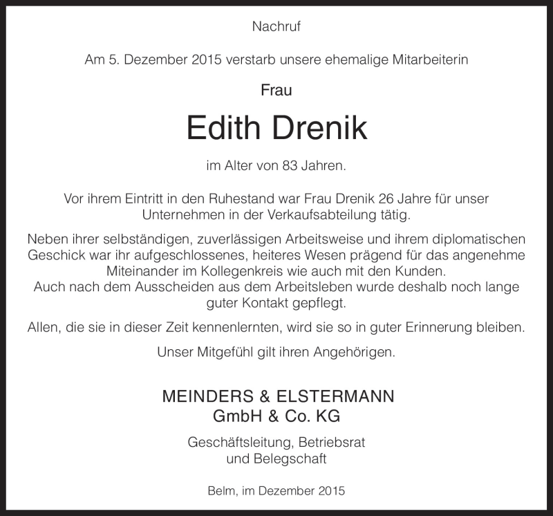  Traueranzeige für Edith Drenik vom 24.12.2015 aus Neue Osnabrücker Zeitung GmbH & Co. KG