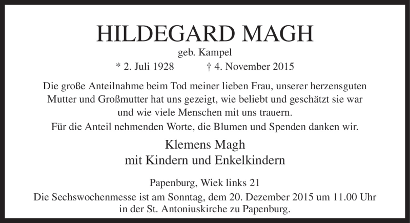  Traueranzeige für Hildegard Magh vom 16.12.2015 aus Neue Osnabrücker Zeitung GmbH & Co. KG
