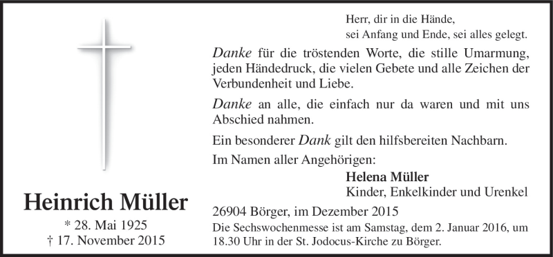  Traueranzeige für Heinrich Müller vom 29.12.2015 aus Neue Osnabrücker Zeitung GmbH & Co. KG