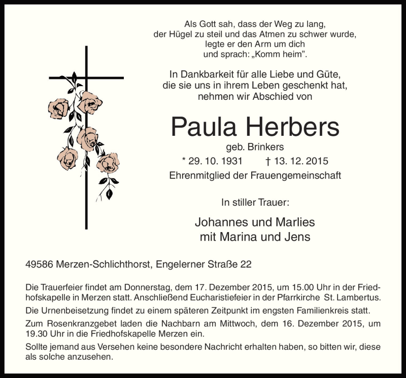  Traueranzeige für Paula Herbers vom 16.12.2015 aus Neue Osnabrücker Zeitung GmbH & Co. KG