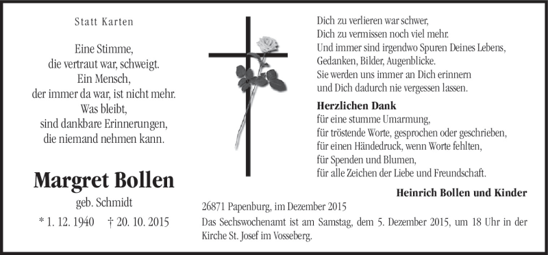  Traueranzeige für Margret Bollen vom 03.12.2015 aus Neue Osnabrücker Zeitung GmbH & Co. KG