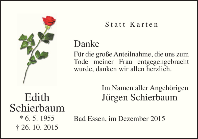  Traueranzeige für Edith Schierbaum vom 12.12.2015 aus Neue Osnabrücker Zeitung GmbH & Co. KG