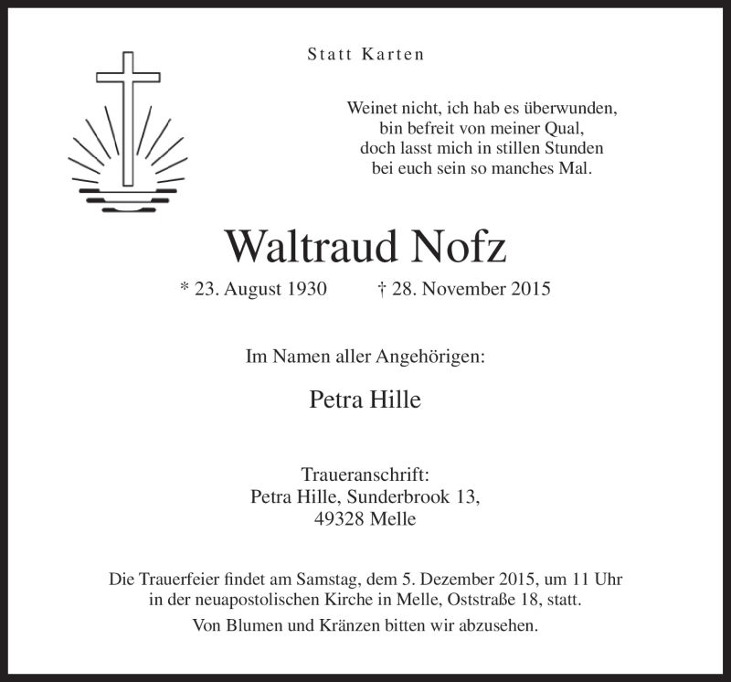  Traueranzeige für Waltraud Nofz vom 02.12.2015 aus Neue Osnabrücker Zeitung GmbH & Co. KG