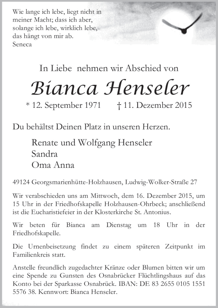  Traueranzeige für Bianca Henseler vom 14.12.2015 aus Neue Osnabrücker Zeitung GmbH & Co. KG