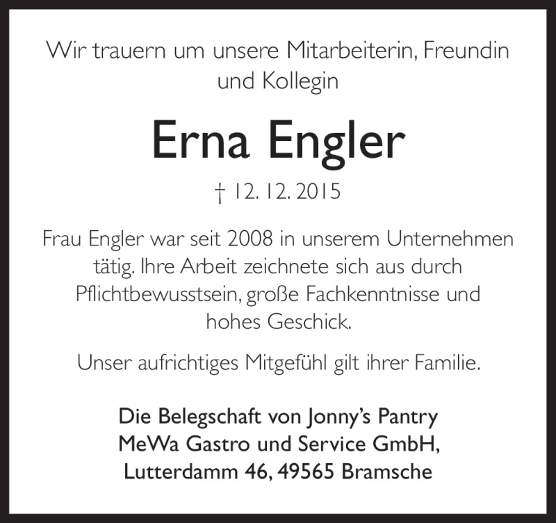  Traueranzeige für Erna  Engler vom 17.12.2015 aus Neue Osnabrücker Zeitung GmbH & Co. KG