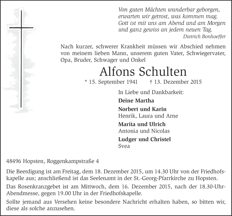  Traueranzeige für Alfons Schulten vom 16.12.2015 aus Neue Osnabrücker Zeitung GmbH & Co. KG