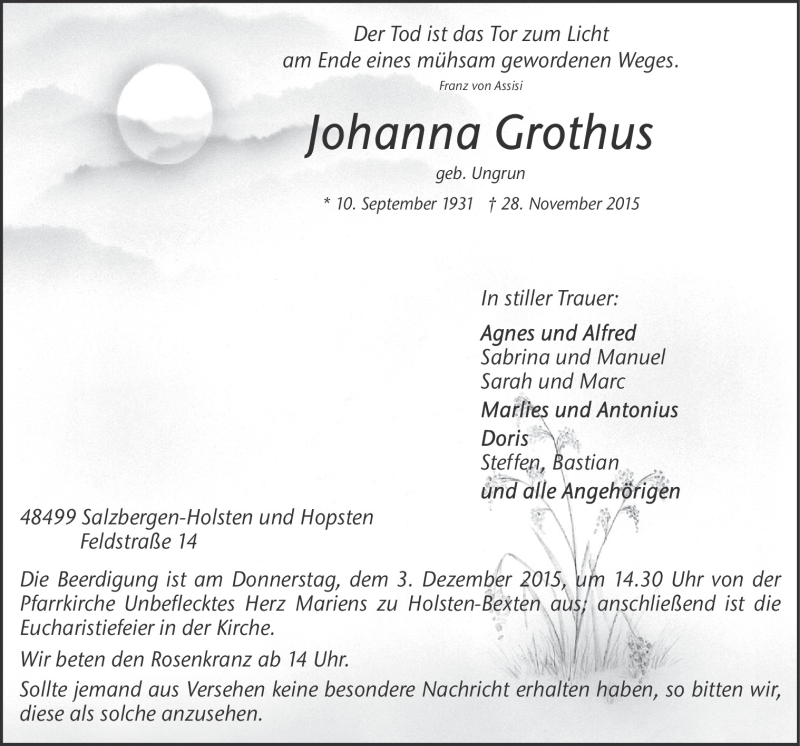  Traueranzeige für Johanna Grothus vom 01.12.2015 aus Neue Osnabrücker Zeitung GmbH & Co. KG