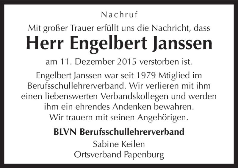  Traueranzeige für Engelbert Janssen vom 17.12.2015 aus Neue Osnabrücker Zeitung GmbH & Co. KG