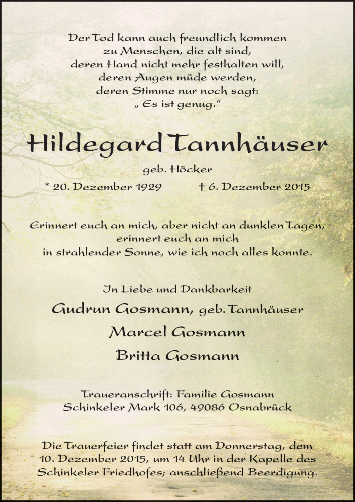  Traueranzeige für Hildegard Tannhäuser vom 08.12.2015 aus Neue Osnabrücker Zeitung GmbH & Co. KG