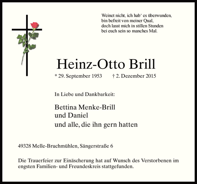  Traueranzeige für Heinz Otto Brill vom 09.12.2015 aus Neue Osnabrücker Zeitung GmbH & Co. KG
