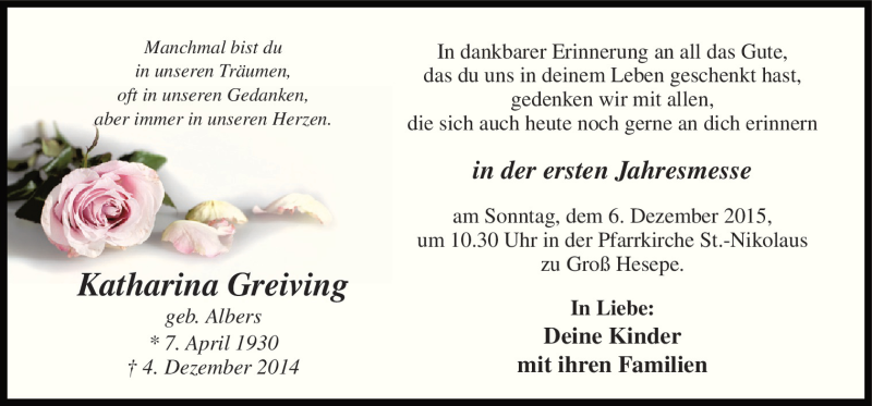  Traueranzeige für Katharina Greiving vom 04.12.2015 aus Neue Osnabrücker Zeitung GmbH & Co. KG