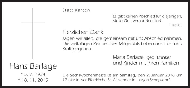  Traueranzeige für Hans Barlage vom 30.12.2015 aus Neue Osnabrücker Zeitung GmbH & Co. KG