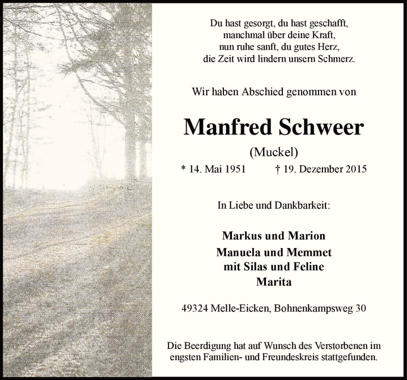  Traueranzeige für Manfred Schweer vom 24.12.2015 aus Neue Osnabrücker Zeitung GmbH & Co. KG