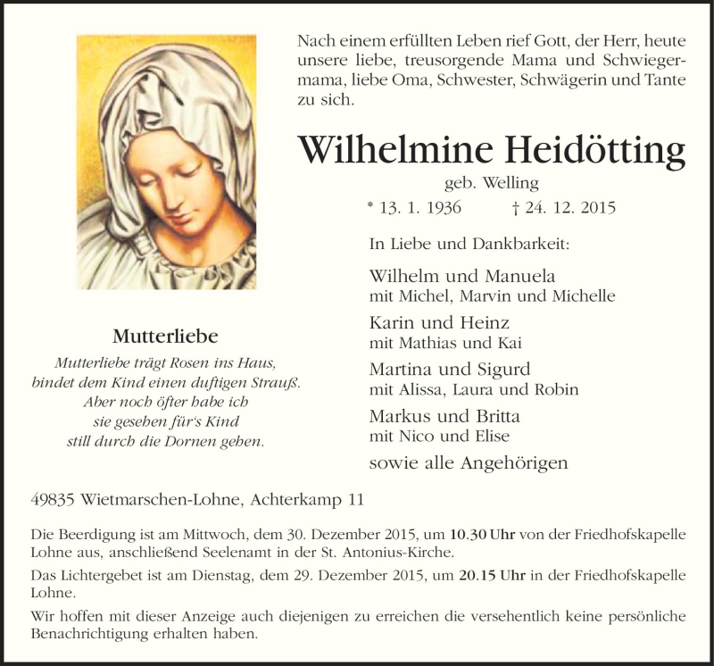  Traueranzeige für Wilhelmine Heidötting vom 28.12.2015 aus Neue Osnabrücker Zeitung GmbH & Co. KG