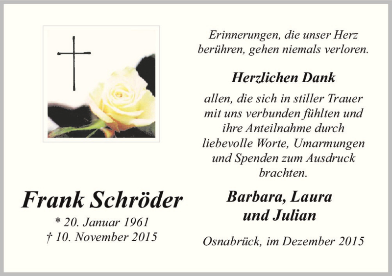  Traueranzeige für Frank Schröder vom 24.12.2015 aus Neue Osnabrücker Zeitung GmbH & Co. KG