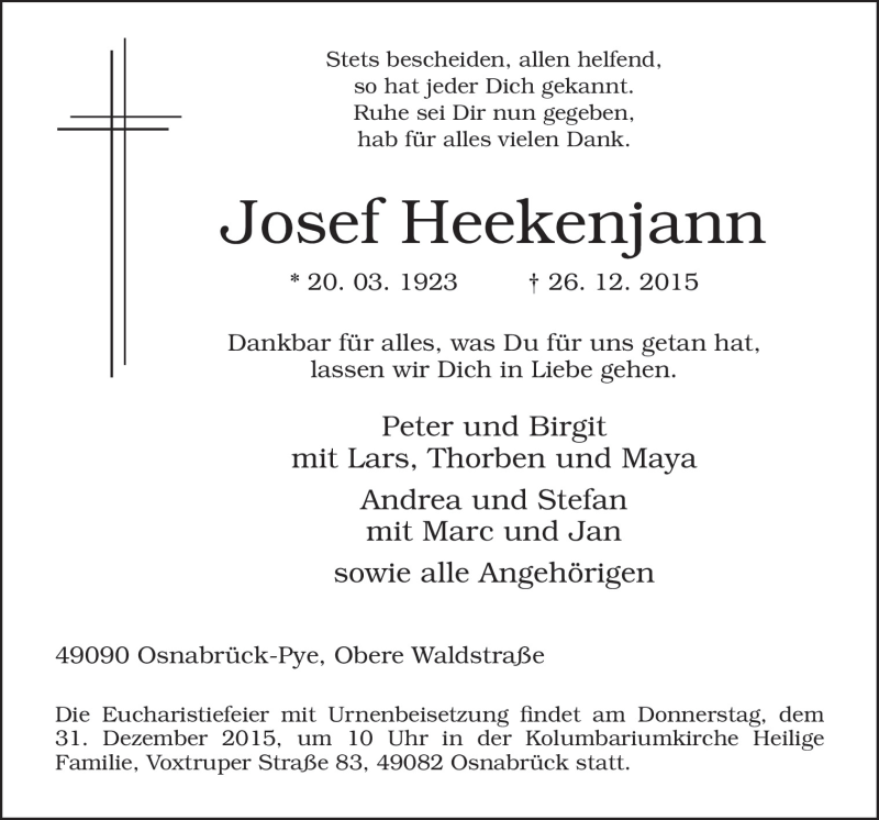  Traueranzeige für Josef Heekenjann vom 29.12.2015 aus Neue Osnabrücker Zeitung GmbH & Co. KG