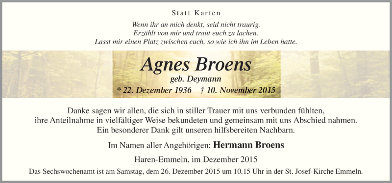  Traueranzeige für Agnes Broens vom 23.12.2015 aus Neue Osnabrücker Zeitung GmbH & Co. KG