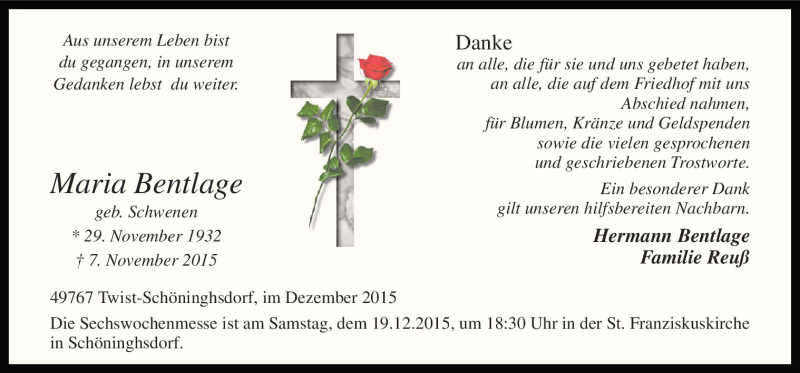  Traueranzeige für Maria Bentlage vom 17.12.2015 aus Neue Osnabrücker Zeitung GmbH & Co. KG