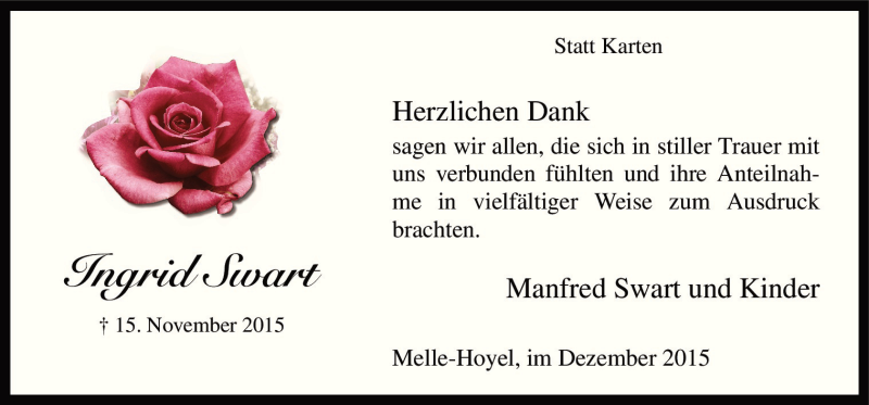  Traueranzeige für Ingrid Swart vom 12.12.2015 aus Neue Osnabrücker Zeitung GmbH & Co. KG