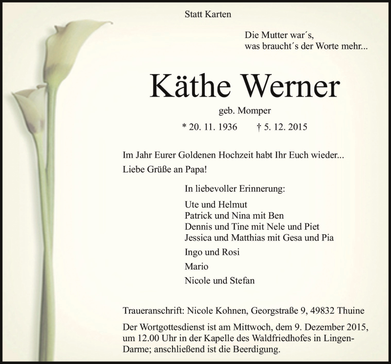  Traueranzeige für Käthe Werner vom 08.12.2015 aus Neue Osnabrücker Zeitung GmbH & Co. KG