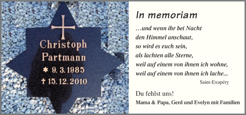  Traueranzeige für Christoph Partmann vom 19.12.2015 aus Neue Osnabrücker Zeitung GmbH & Co. KG