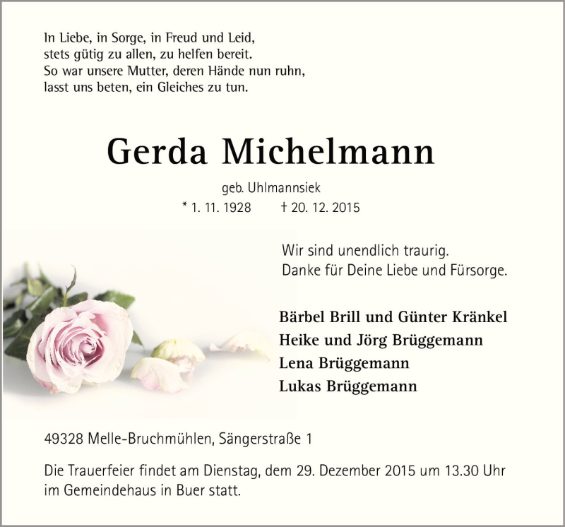  Traueranzeige für Gerda Michelmann vom 23.12.2015 aus Neue Osnabrücker Zeitung GmbH & Co. KG
