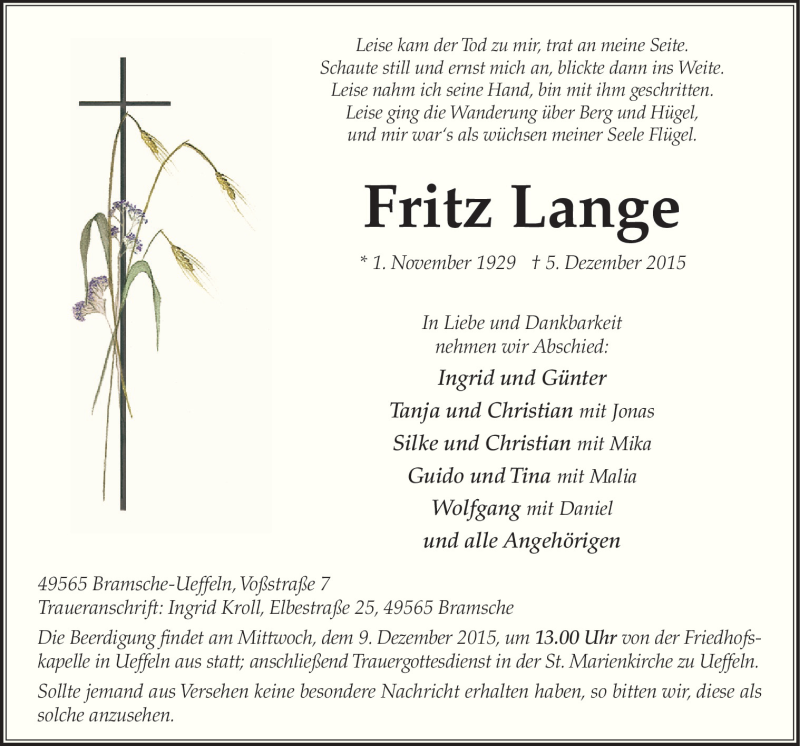  Traueranzeige für Fritz Lange vom 07.12.2015 aus Neue Osnabrücker Zeitung GmbH & Co. KG