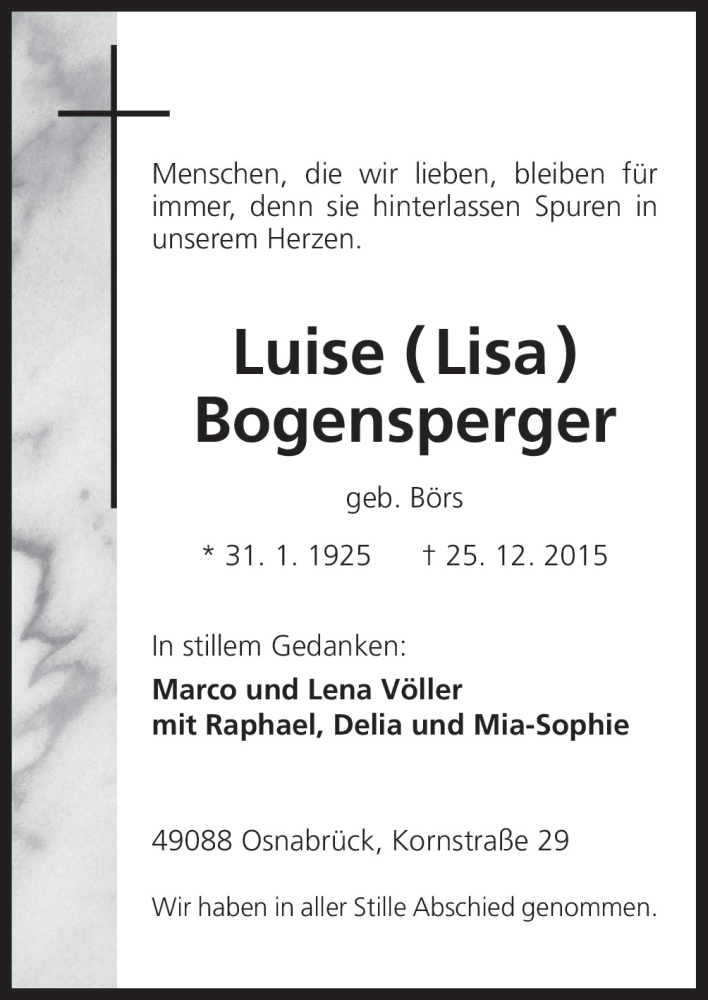  Traueranzeige für Luise Bogensperger vom 31.12.2015 aus Neue Osnabrücker Zeitung GmbH & Co. KG