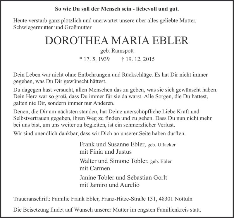  Traueranzeige für Dorothea Maria Ebler vom 23.12.2015 aus Neue Osnabrücker Zeitung GmbH & Co. KG