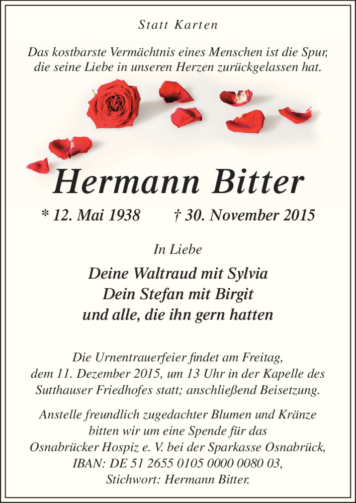  Traueranzeige für Hermann Bitter vom 05.12.2015 aus Neue Osnabrücker Zeitung GmbH & Co. KG