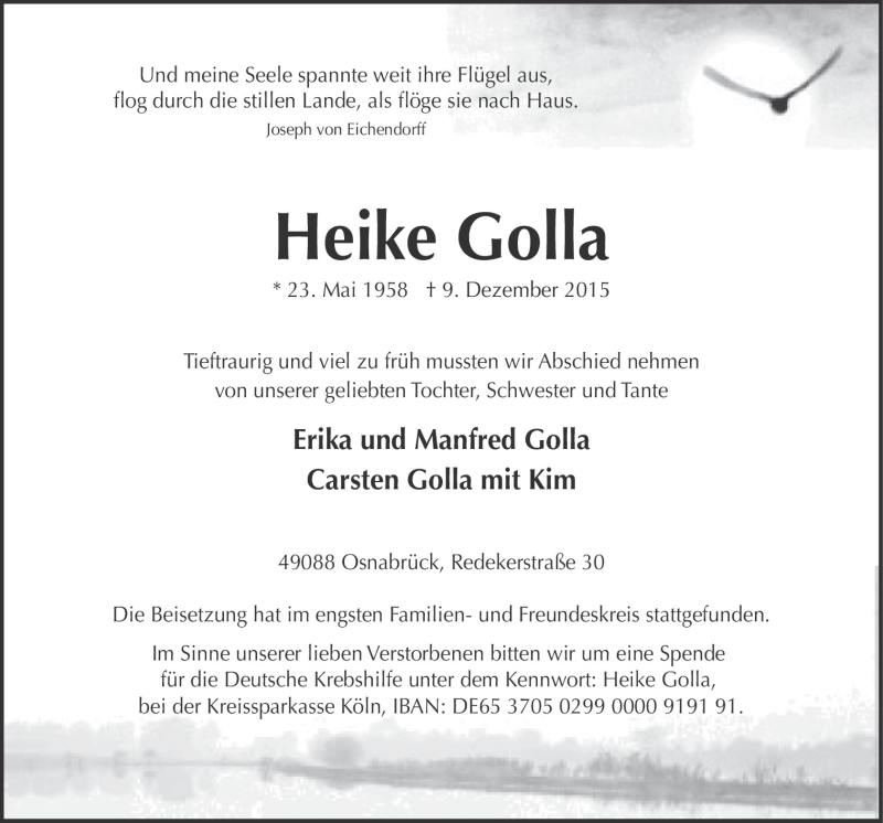  Traueranzeige für Heike Golla vom 19.12.2015 aus Neue Osnabrücker Zeitung GmbH & Co. KG