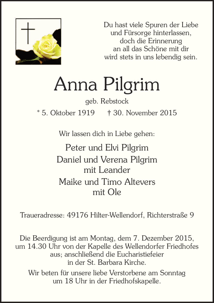  Traueranzeige für Anna Pilgrim vom 03.12.2015 aus Neue Osnabrücker Zeitung GmbH & Co. KG