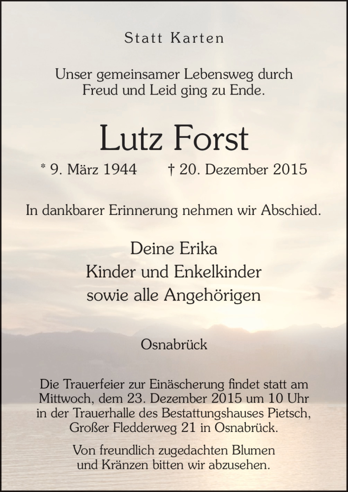  Traueranzeige für Lutz Forst vom 22.12.2015 aus Neue Osnabrücker Zeitung GmbH & Co. KG