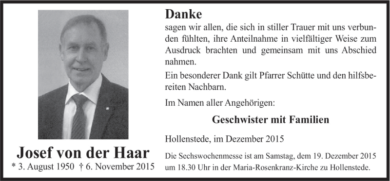  Traueranzeige für Josef von der Haar vom 15.12.2015 aus Neue Osnabrücker Zeitung GmbH & Co. KG