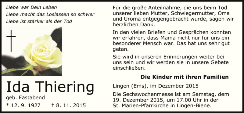  Traueranzeige für Ida  Thiering vom 16.12.2015 aus Neue Osnabrücker Zeitung GmbH & Co. KG