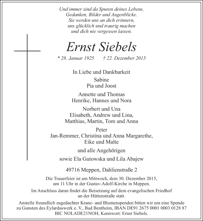  Traueranzeige für Ernst Siebels vom 28.12.2015 aus Neue Osnabrücker Zeitung GmbH & Co. KG