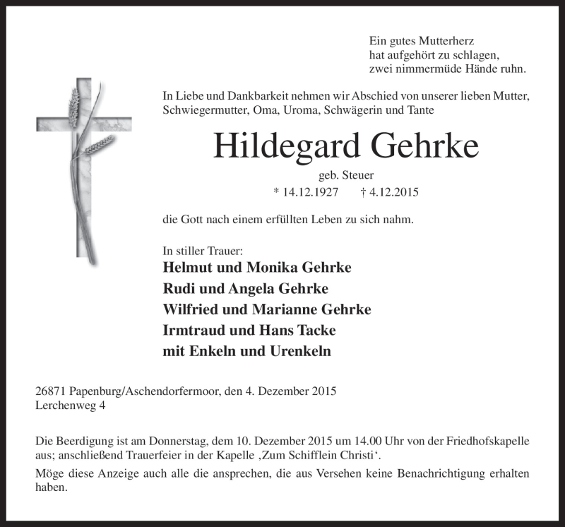  Traueranzeige für Hildegard Gehrke vom 07.12.2015 aus Neue Osnabrücker Zeitung GmbH & Co. KG