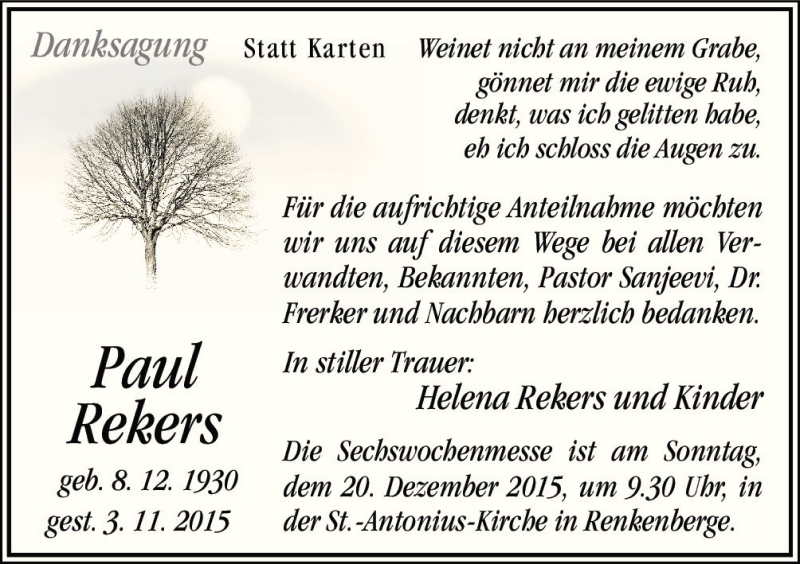  Traueranzeige für Paul Rekers vom 16.12.2015 aus Neue Osnabrücker Zeitung GmbH & Co. KG