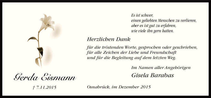  Traueranzeige für Gerda Eismann vom 12.12.2015 aus Neue Osnabrücker Zeitung GmbH & Co. KG