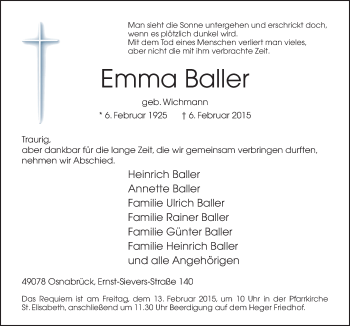 Traueranzeige von Emma Baller von Neue Osnabrücker Zeitung GmbH & Co. KG