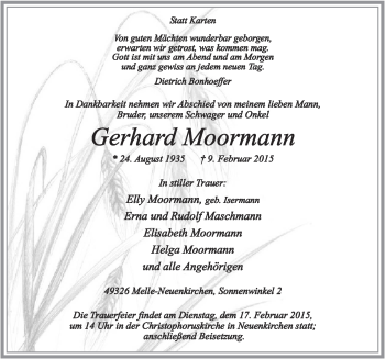 Traueranzeige von Gerhard Moormann von Neue Osnabrücker Zeitung GmbH & Co. KG