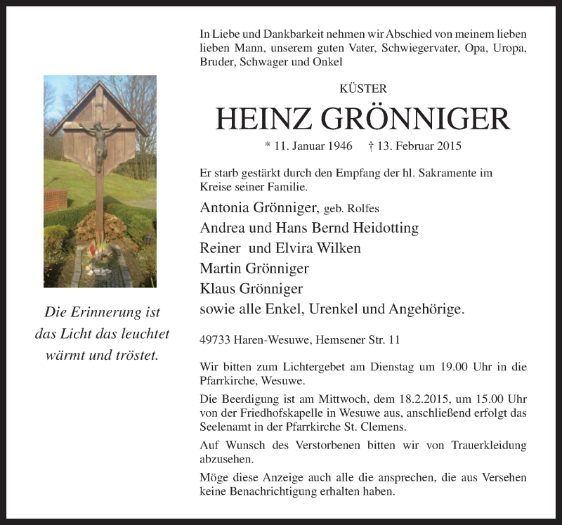  Traueranzeige für Heinz Grönninger vom 16.02.2015 aus Neue Osnabrücker Zeitung GmbH & Co. KG