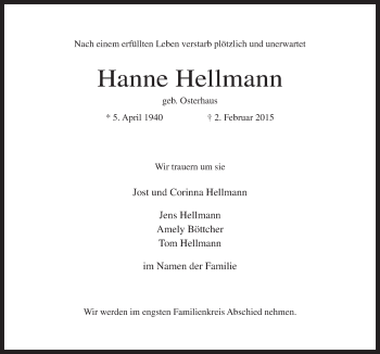 Traueranzeige von Hanne Hellmann von Neue Osnabrücker Zeitung GmbH & Co. KG