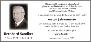 Traueranzeige von Bernhard Sandker von Neue Osnabrücker Zeitung GmbH & Co. KG
