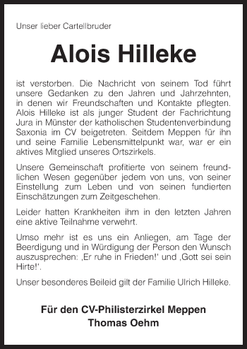 Traueranzeige von Alois Hilleke von Neue Osnabrücker Zeitung GmbH & Co. KG