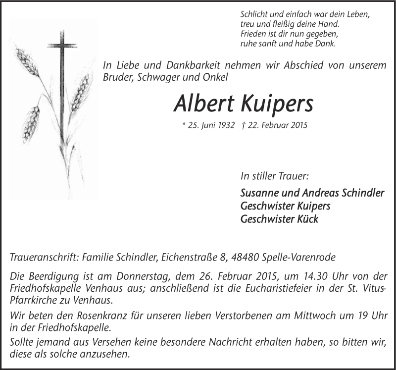  Traueranzeige für Albert Kuipers vom 24.02.2015 aus Neue Osnabrücker Zeitung GmbH & Co. KG